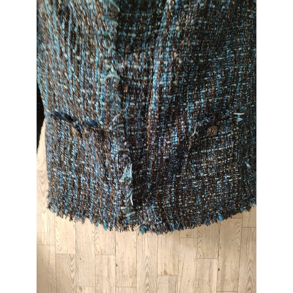Anne Klein Women's Open woven fringed fully lined Blue tweed metallic Jacket 12 - Picture 10 of 12